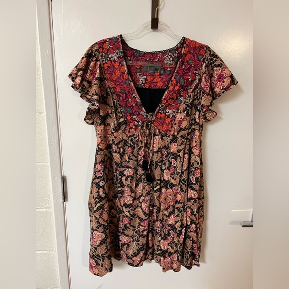 By Anthropologie Ruffled Tunic Dress Black Motif Short Sleeve Mini Size L - Picture 6 of 11